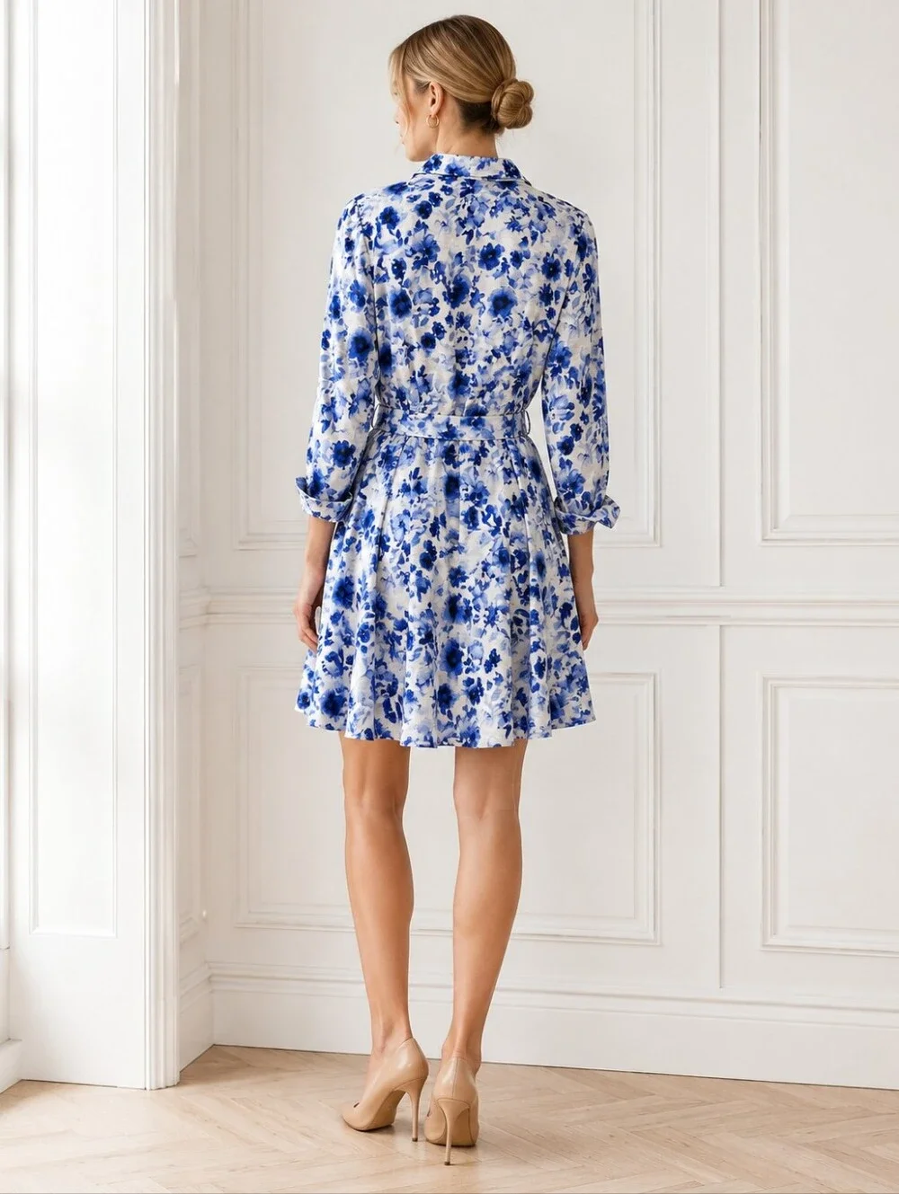 H&M | Blue White Floral Button Front Shirt Dress | Size L | Belted Long Sleeve - Picture 2 of 9